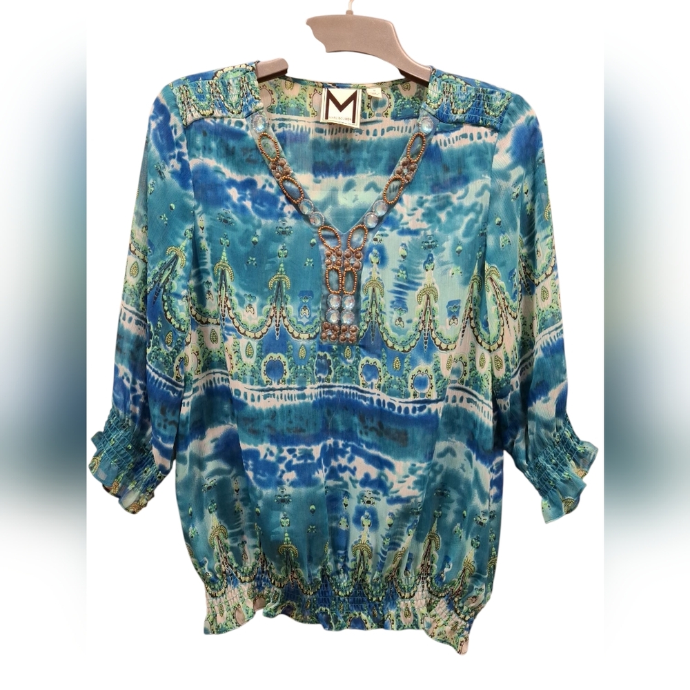 "Marc Bouwer" Blue and Green, Embellished Tunic Blouse. V-Neck.Like new cond....